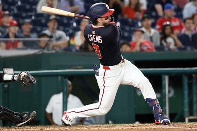 Sep 2, 2025; Washington, District of Columbia, USA; Washington Nationals outfielder Dylan Crews (3) hits a double during the sixth inning against the Miami Marlins at Nationals Park. Mandatory Credit: Daniel Kucin Jr.-Imagn Images