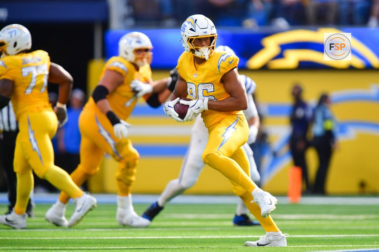 Oct 19, 2025; Inglewood, California, USA; Los Angeles Chargers tight end Oronde Gadsden (86) runs with the ball in the second half against the Indianapolis Colts at SoFi Stadium. Credit: Gary A. Vasquez-Imagn Images