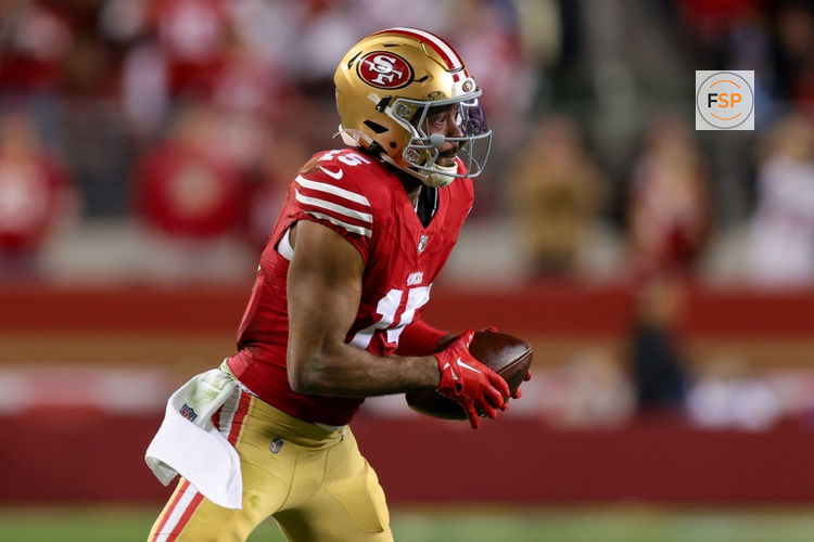 Dec 30, 2024; Santa Clara, California, USA; San Francisco 49ers wide receiver Jauan Jennings (15) during the game against the Detroit Lions at Levi's Stadium. Credit: Sergio Estrada-Imagn Images