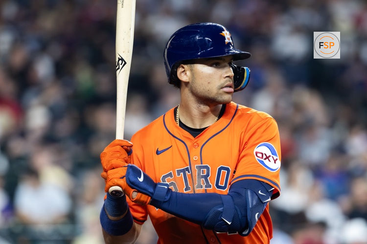 Jul 22, 2025; Phoenix, Arizona, USA; Houston Astros outfielder Cam Smith against the Arizona Diamondbacks at Chase Field. Credit: Mark J. Rebilas-Imagn Images