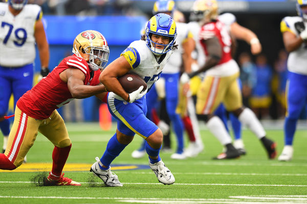 INGLEWOOD, CA - SEPTEMBER 17: Los Angeles Rams wide receiver Puka Nacua (17) is tackled by San Francisco 49ers defensive back Deommodore Lenoir (2) after a catch during the NFL game between the San Francisco 49ers and the Los Angeles Rams on September 17, 2023, at SoFi Stadium in Inglewood, CA. (Photo by Brian Rothmuller/Icon Sportswire)