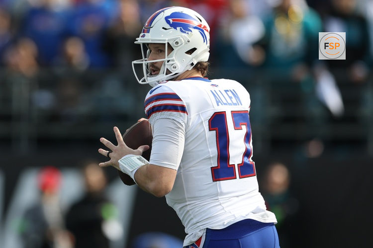 Jan 11, 2026; Jacksonville, FL, USA; Buffalo Bills quarterback Josh Allen (17) looks to pass during the first half against the Jacksonville Jaguars in an AFC Wild Card Round game at EverBank Stadium. Credit: Nathan Ray Seebeck-Imagn Images