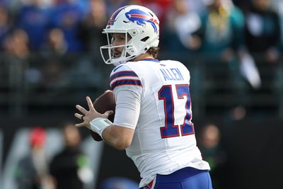 Jan 11, 2026; Jacksonville, FL, USA; Buffalo Bills quarterback Josh Allen (17) looks to pass during the first half against the Jacksonville Jaguars in an AFC Wild Card Round game at EverBank Stadium. Mandatory Credit: Nathan Ray Seebeck-Imagn Images