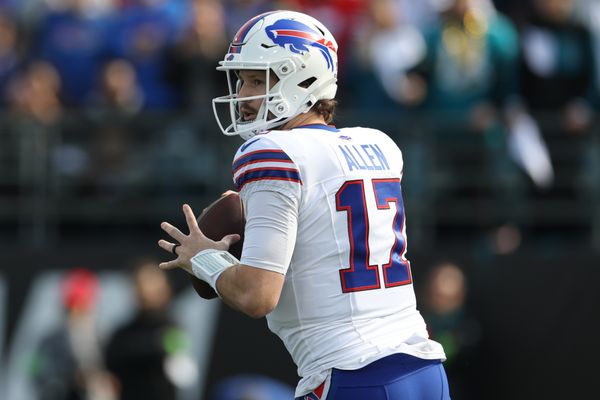 Jan 11, 2026; Jacksonville, FL, USA; Buffalo Bills quarterback Josh Allen (17) looks to pass during the first half against the Jacksonville Jaguars in an AFC Wild Card Round game at EverBank Stadium. Mandatory Credit: Nathan Ray Seebeck-Imagn Images