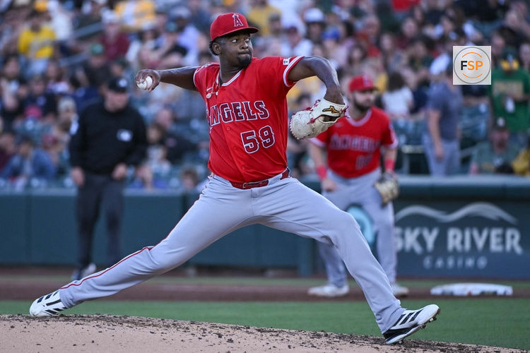 Jun 19, 2026; West Sacramento, California, USA; Los Angeles Angels pitcher José Soriano (59) throws a pitch against the Athletics during the third inning at Sutter Health Park. Credit: Ed Szczepanski-Imagn Images