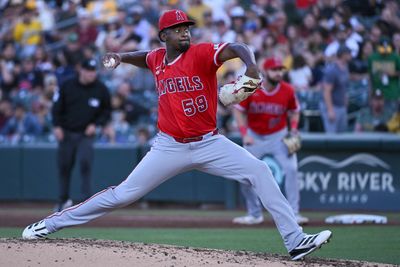 Jun 19, 2026; West Sacramento, California, USA; Los Angeles Angels pitcher José Soriano (59) throws a pitch against the Athletics during the third inning at Sutter Health Park. Mandatory Credit: Ed Szczepanski-Imagn Images