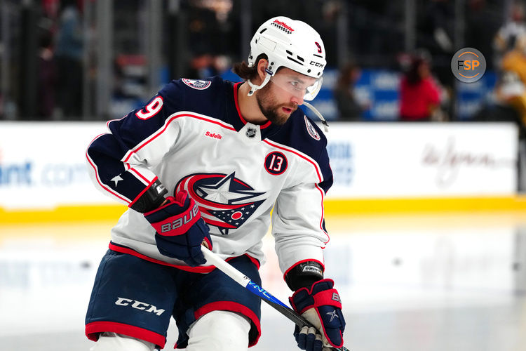 Jan 30, 2025; Las Vegas, Nevada, USA; Columbus Blue Jackets defenseman Ivan Provorov (9) warms up before a game against the Vegas Golden Knights at T-Mobile Arena. Credit: Stephen R. Sylvanie-Imagn Images