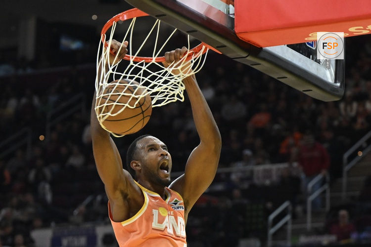 Jan 26, 2026; Cleveland, Ohio, USA; Cleveland Cavaliers center Evan Mobley (4) dunks in the third quarter against the Orlando Magic at Rocket Arena. Credit: David Richard-Imagn Images