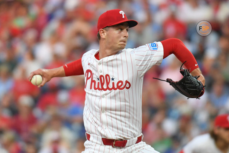 Jun 10, 2025; Philadelphia, Pennsylvania, USA;  Philadelphia Phillies pitcher Mick Abel (40) throws a pitch during the fourth inning against the Chicago Cubs at Citizens Bank Park. Credit: Eric Hartline-Imagn Images