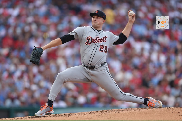 Aug 2, 2025; Philadelphia, Pennsylvania, USA; Detroit Tigers pitcher Tarik Skubal (29) throws a pitch against the Philadelphia Phillies during the second inning at Citizens Bank Park. Credit: Bill Streicher-Imagn Images
