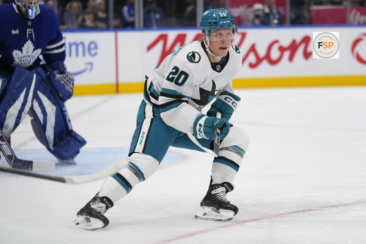 Mar 3, 2025; Toronto, Ontario, CAN; San Jose Sharks forward Fabian Zetterlund (20) skates against the Toronto Maple Leafs during the second period at Scotiabank Arena. Credit: John E. Sokolowski-Imagn Images