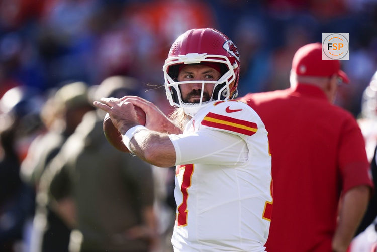 Nov 16, 2025; Denver, Colorado, USA; Kansas City Chiefs quarterback Gardner Minshew (17) before the game against the Denver Broncos at Empower Field at Mile High. Credit: Ron Chenoy-Imagn Images