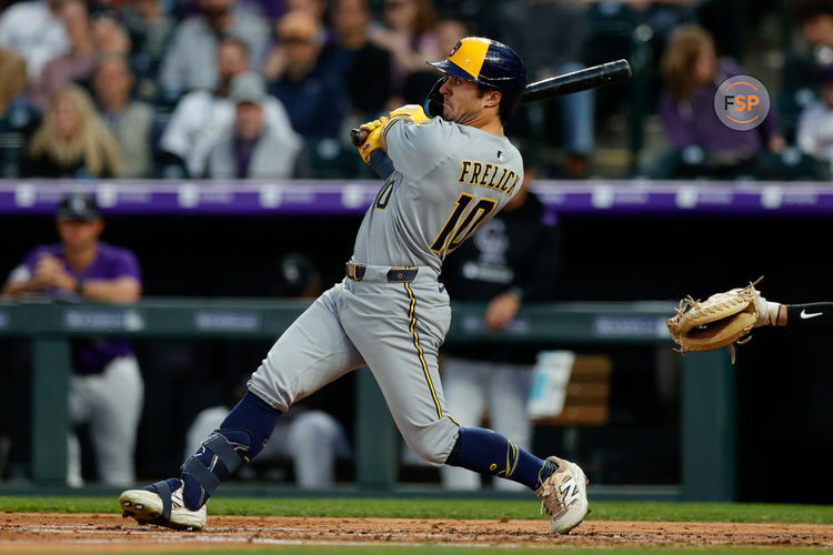 Apr 8, 2025; Denver, Colorado, USA; Milwaukee Brewers center fielder Sal Frelick (10) watches his ball on an RBI single in the third inning against the Colorado Rockies at Coors Field. Credit: Isaiah J. Downing-Imagn Images