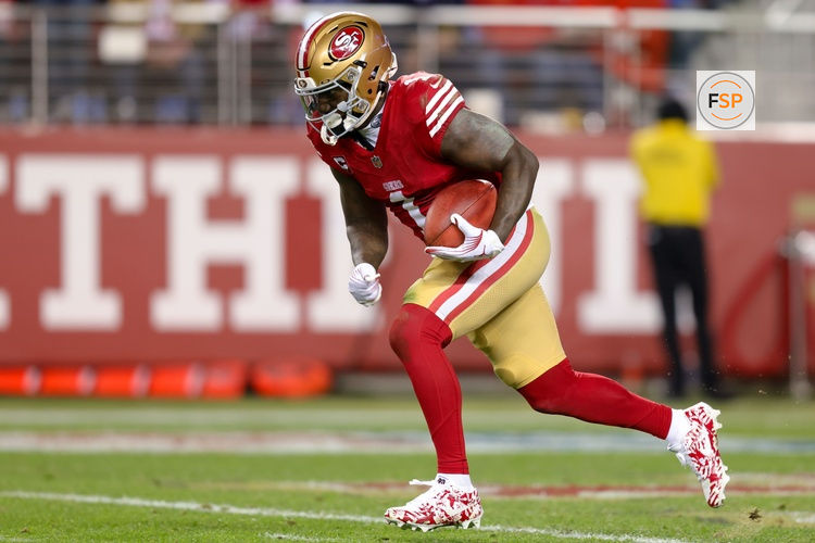 Dec 30, 2024; Santa Clara, California, USA; San Francisco 49ers wide receiver Deebo Samuel Sr. (1) during the game against the Detroit Lions at Levi's Stadium. Credit: Sergio Estrada-Imagn Images