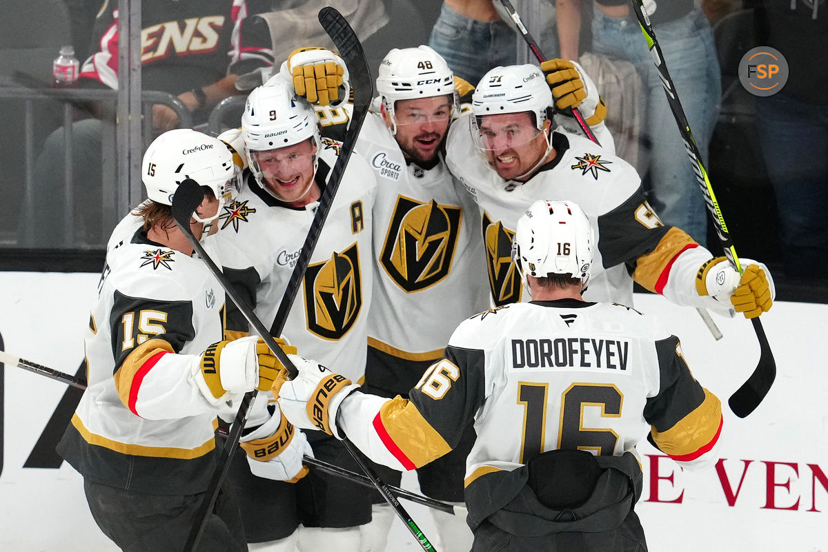 Oct 25, 2024; Las Vegas, Nevada, USA; Vegas Golden Knights center Tomas Hertl (48) celebrates with teammates after scoring a third period goal against the Ottawa Senators during the third period at T-Mobile Arena. Credit: Stephen R. Sylvanie-Imagn Images