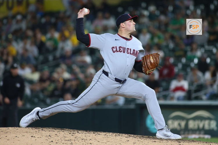 May 1, 2026; West Sacramento, California, USA; Cleveland Guardians pitcher Cade Smith (36) throws to a Athletics batter during the ninth inning at Sutter Health Park. Credit: Scott Marshall-Imagn Images