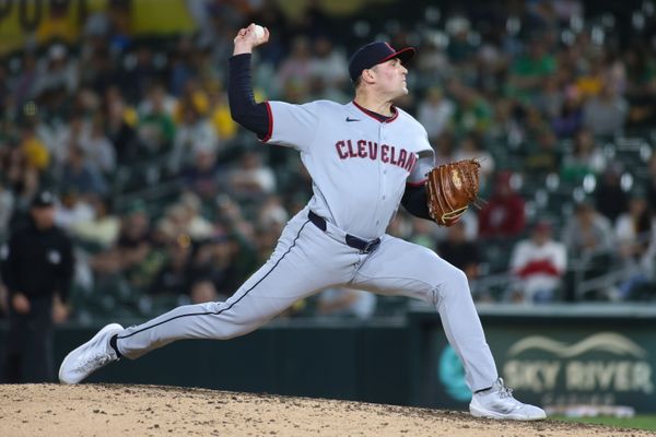May 1, 2026; West Sacramento, California, USA; Cleveland Guardians pitcher Cade Smith (36) throws to a Athletics batter during the ninth inning at Sutter Health Park. Mandatory Credit: Scott Marshall-Imagn Images