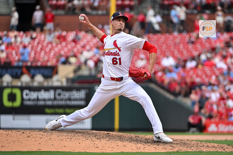 Jun 7, 2026; St. Louis, Missouri, USA; St. Louis Cardinals pitcher Riley O'Brien (61) pitches against the Cincinnati Reds during the ninth inning at Busch Stadium. Credit: Jeff Curry-Imagn Images