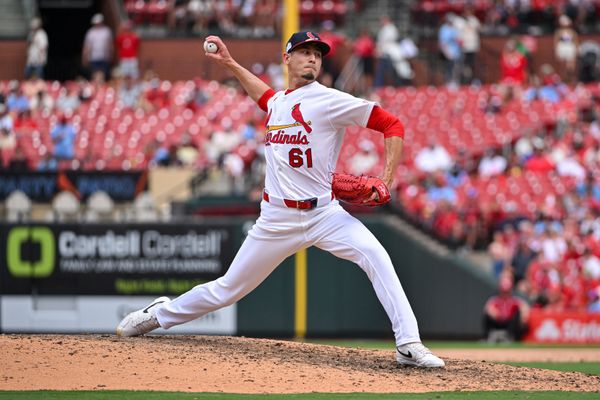 Jun 7, 2026; St. Louis, Missouri, USA; St. Louis Cardinals pitcher Riley O'Brien (61) pitches against the Cincinnati Reds during the ninth inning at Busch Stadium. Mandatory Credit: Jeff Curry-Imagn Images