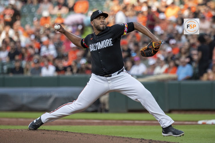 BALTIMORE, MD - JUNE 28: Baltimore Orioles pitcher Albert Suárez (49) throws a pitch during the Texas Rangers versus Baltimore Orioles MLB game at Orioles Park at Camden Yards on June 28, 2024, in Baltimore, MD. (Photo by Charles Brock/Icon Sportswire)