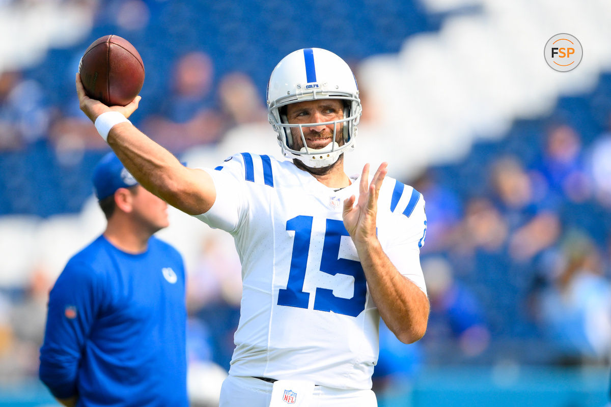 Oct 13, 2024; Nashville, Tennessee, USA;  Indianapolis Colts quarterback Joe Flacco (15) throws during pregame warmups against the Tennessee Titans at Nissan Stadium. Credit: Steve Roberts-Imagn Images