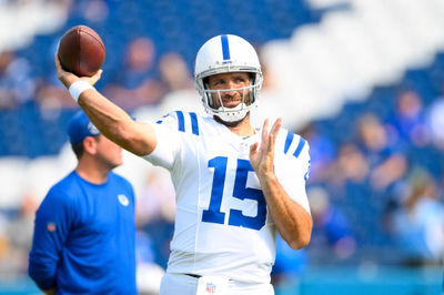 Oct 13, 2024; Nashville, Tennessee, USA;  Indianapolis Colts quarterback Joe Flacco (15) throws during pregame warmups against the Tennessee Titans at Nissan Stadium. Mandatory Credit: Steve Roberts-Imagn Images