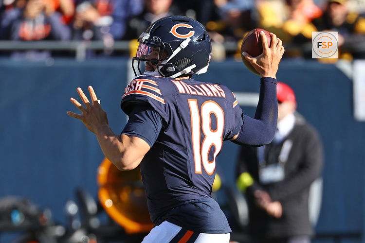 Nov 23, 2025; Chicago, Illinois, USA; Chicago Bears quarterback Caleb Williams (18) drops back to pass against the Pittsburgh Steelers during the second half at Soldier Field. Credit: Mike Dinovo-Imagn Images