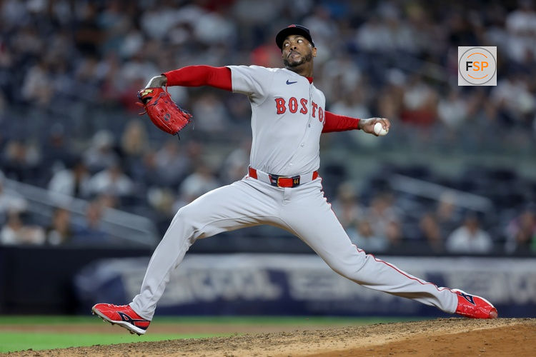 Jun 7, 2025; Bronx, New York, USA; Boston Red Sox relief pitcher Aroldis Chapman (44) pitches against the New York Yankees during the ninth inning at Yankee Stadium. Credit: Brad Penner-Imagn Images