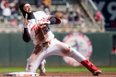 Apr 18, 2026; Minneapolis, Minnesota, USA; Minnesota Twins catcher Ryan Jeffers (27) celebrates a triple off a pitch from Cincinnati Reds pitcher Andrew Abbott (41) in the first inning at Target Field. Mandatory Credit: Matt Blewett-Imagn Images