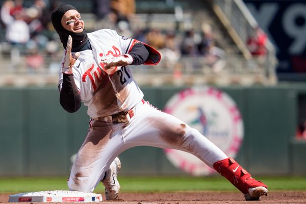 Apr 18, 2026; Minneapolis, Minnesota, USA; Minnesota Twins catcher Ryan Jeffers (27) celebrates a triple off a pitch from Cincinnati Reds pitcher Andrew Abbott (41) in the first inning at Target Field. Mandatory Credit: Matt Blewett-Imagn Images