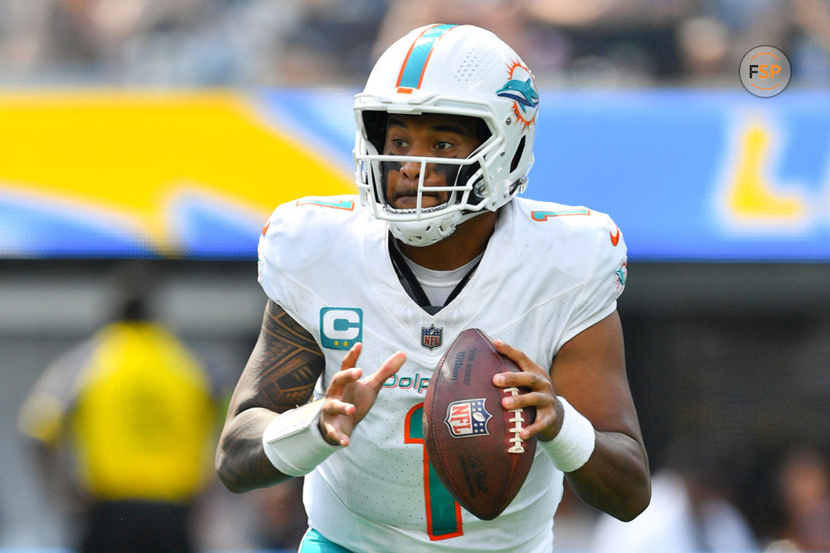 INGLEWOOD, CA - SEPTEMBER 10: Miami Dolphins quarterback Tua Tagovailoa (1) rolls out during the NFL regular season game between the Miami Dolphins and the Los Angeles Chargers on September 10, 2023, at SoFi Stadium in Inglewood, CA. (Photo by Brian Rothmuller/Icon Sportswire)