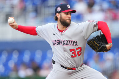 Apr 12, 2025; Miami, Florida, USA;  Washington Nationals pitcher Trevor Williams (32) pitches in the first inning against the Miami Marlins at loanDepot Park. Mandatory Credit: Jim Rassol-Imagn Images