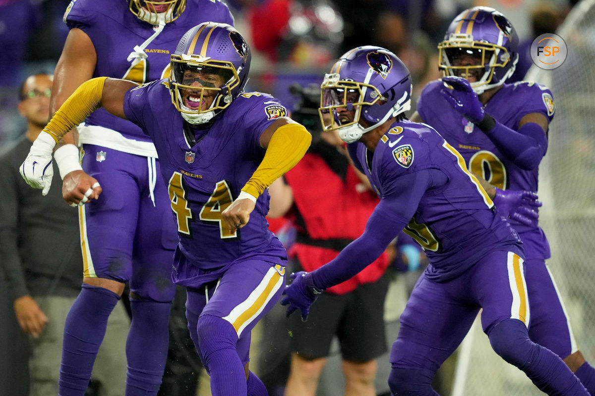 Nov 7, 2024; Baltimore, Maryland, USA; Baltimore Ravens cornerback Marlon Humphrey (44) reacts after forcing a fumble during third quarter against the Cincinnati Bengals at M&T Bank Stadium. Credit: Mitch Stringer-Imagn Images