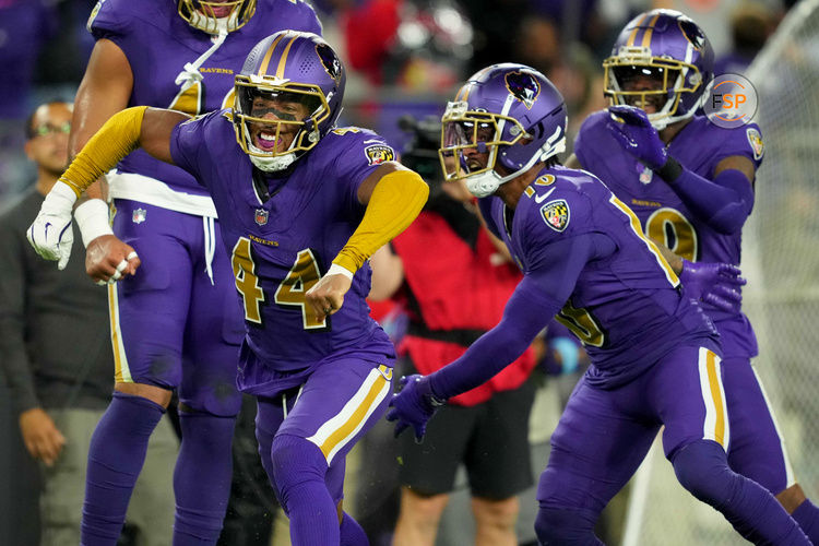 Nov 7, 2024; Baltimore, Maryland, USA; Baltimore Ravens cornerback Marlon Humphrey (44) reacts after forcing a fumble during third quarter against the Cincinnati Bengals at M&T Bank Stadium. Credit: Mitch Stringer-Imagn Images