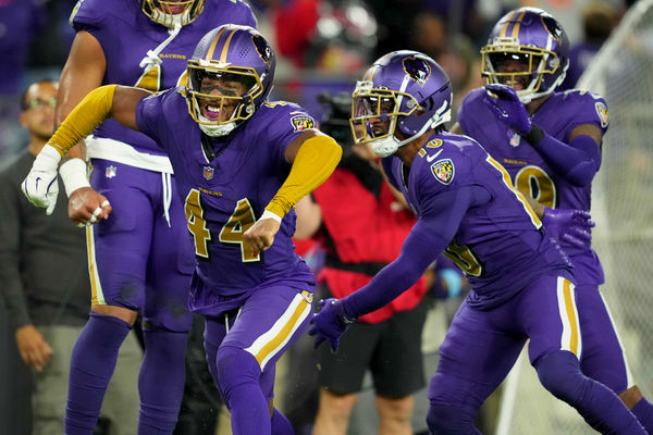 Nov 7, 2024; Baltimore, Maryland, USA; Baltimore Ravens cornerback Marlon Humphrey (44) reacts after forcing a fumble during third quarter against the Cincinnati Bengals at M&T Bank Stadium. Mandatory Credit: Mitch Stringer-Imagn Images