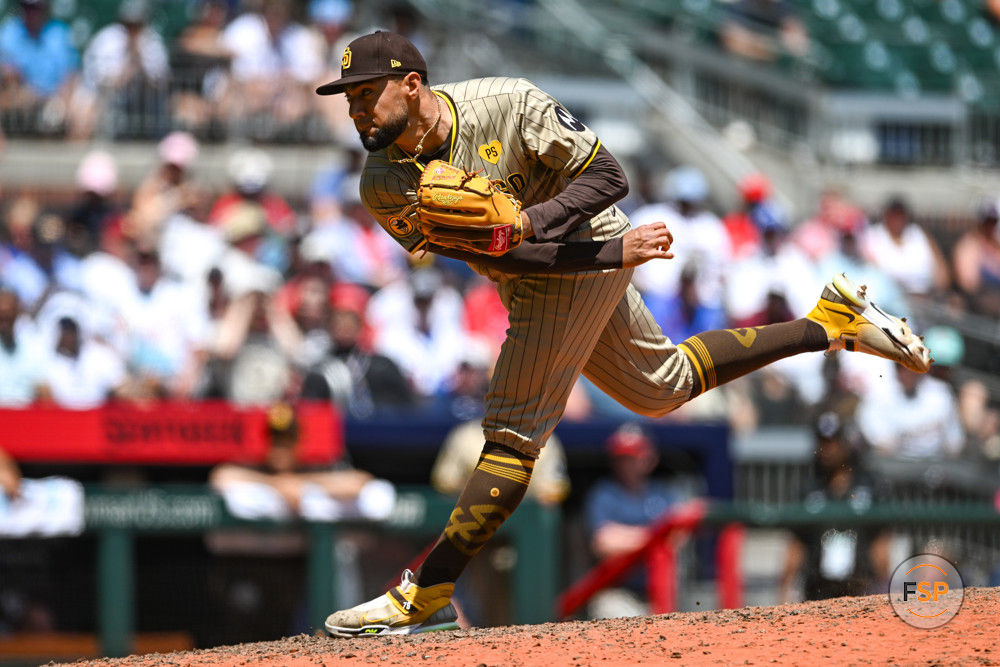 ATLANTA, GA – MAY 20:  San Diego pitcher Robert Suarez (75) throws a pitch during the first game of a MLB doubleheader between the San Diego Padres and the Atlanta Braves on May 20th, 2024 at Truist Park in Atlanta, GA. (Photo by Rich von Biberstein/Icon Sportswire)