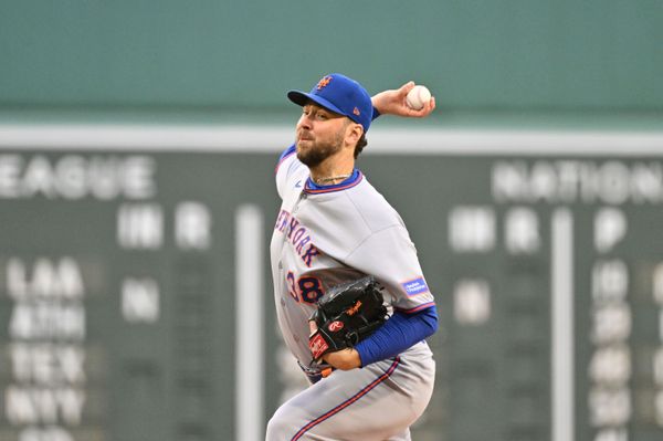 May 21, 2025; Boston, Massachusetts, USA; New York Mets starting pitcher Tylor Megill (38) pitches against the Boston Red Sox during the first inning at Fenway Park. Mandatory Credit: Eric Canha-Imagn Images