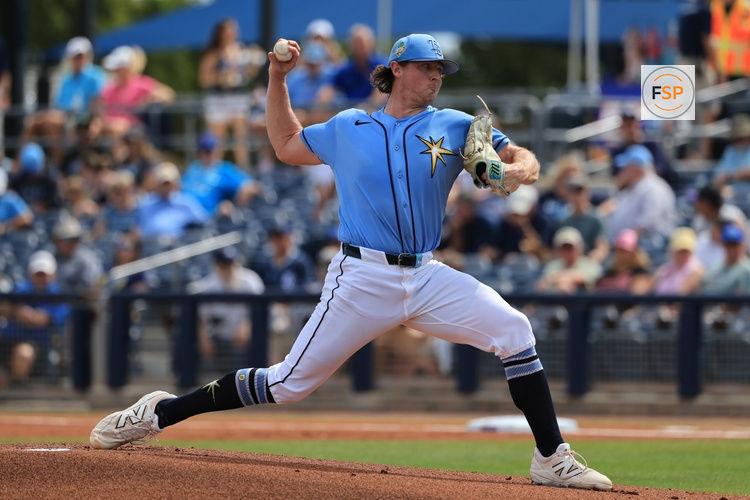 Feb 27, 2026; Port Charlotte, Florida, USA; Tampa Bay Rays starting pitcher Ryan Pepiot (44) throws a pitch during the first inning against the Toronto Blue Jays at Charlotte Sports Park. Credit: Kim Klement Neitzel-Imagn Images