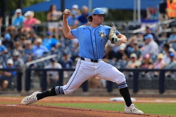 Feb 27, 2026; Port Charlotte, Florida, USA; Tampa Bay Rays starting pitcher Ryan Pepiot (44) throws a pitch during the first inning against the Toronto Blue Jays at Charlotte Sports Park. Mandatory Credit: Kim Klement Neitzel-Imagn Images