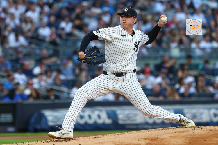 Aug 4, 2026; Bronx, New York, USA;  New York Yankees pitcher Ryan Weathers (40) delivers a pitch during the first inning against the St. Louis Cardinals at Yankee Stadium. Credit: Vincent Carchietta-Imagn Images
