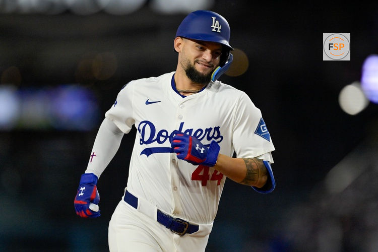 May 15, 2025; Los Angeles, California, USA; Los Angeles Dodgers right fielder Andy Pages (44) rounds the bases after hitting a three-run home run against the Athletics during the third inning of the game at Dodger Stadium. Credit: Jayne Kamin-Oncea-Imagn Images