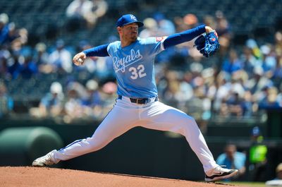 Jun 14, 2026; Kansas City, Missouri, USA; Kansas City Royals pitcher Stephen Kolek (32) pitches during the first inning against the Houston Astros at Kauffman Stadium. Mandatory Credit: Jay Biggerstaff-Imagn Images