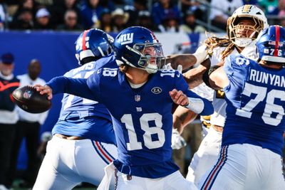 Oct 18, 2026; East Rutherford, New Jersey, USA; New York Giants quarterback J.J. McCarthy (18) throws a pass during the second half against the New Orleans Saints at MetLife Stadium. Mandatory Credit: Vincent Carchietta-Imagn Images
