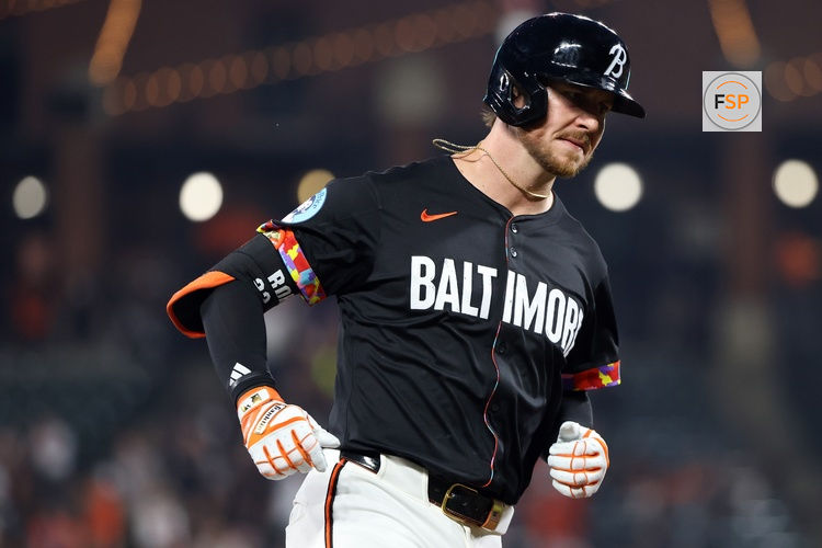 Jun 13, 2025; Baltimore, Maryland, USA; Baltimore Orioles outfielder Ryan O'Hearn (32) rounds the bases after hitting a home run during the second inning against the Los Angeles Angels at Oriole Park at Camden Yards. Credit: Daniel Kucin Jr.-Imagn Images