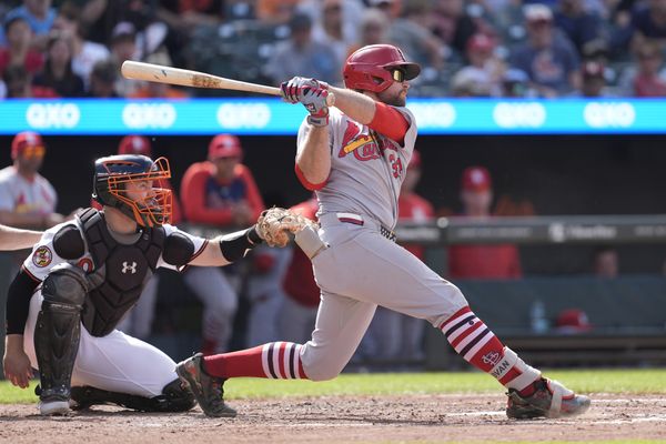 May 26, 2025; Baltimore, Maryland, USA; St. Louis Cardinals second baseman Brendan Donovan (33) hits a double against the Baltimore Orioles during the sixth inning at Oriole Park at Camden Yards. Mandatory Credit: Gregory Fisher-Imagn Images