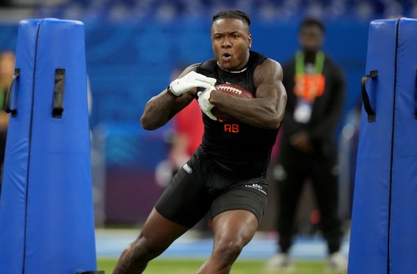 Mar 1, 2025; Indianapolis, IN, USA; Iowa running back Kaleb Johnson (RB16) during the 2025 NFL Combine at Lucas Oil Stadium. Mandatory Credit: Kirby Lee-Imagn Images