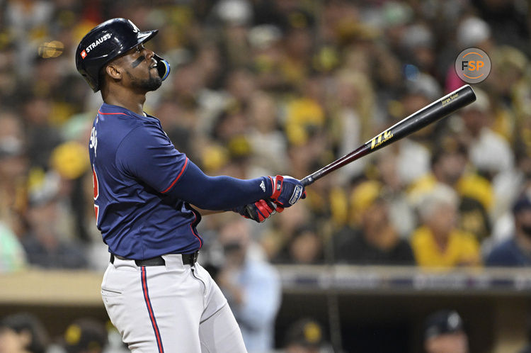 Oct 2, 2024; San Diego, California, USA; Atlanta Braves outfielder Jorge Soler (2) hits a solo home run during the fifth inning of game two in the Wildcard round for the 2024 MLB Playoffs against the San Diego Padres at Petco Park. Credit: Denis Poroy-Imagn Images