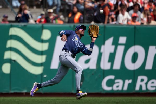 Aug 17, 2025; San Francisco, California, USA; Tampa Bay Rays left fielder Chandler Simpson (14) catches a fly ball against the San Francisco Giants during the sixth inning at Oracle Park. Mandatory Credit: Robert Edwards-Imagn Images