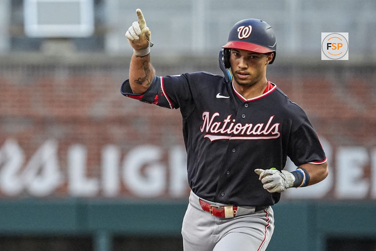 Jul 30, 2026; Cumberland, Georgia, USA; Washington Nationals left fielder Daylen Lile (4) reacts after hitting a home run against the Atlanta Braves during the second inning at Truist Park. Credit: Dale Zanine-Imagn Images