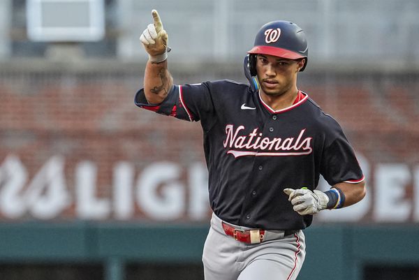 Jul 30, 2026; Cumberland, Georgia, USA; Washington Nationals left fielder Daylen Lile (4) reacts after hitting a home run against the Atlanta Braves during the second inning at Truist Park. Mandatory Credit: Dale Zanine-Imagn Images